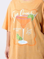 Yours Curve Orange Limited Longline Sun Drenched Acid Wash T-Shirt - Image 4 of 5