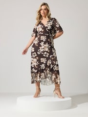 بني - Yours Curve London Mesh Wrap Ruffle Dress - Image 2 of 5