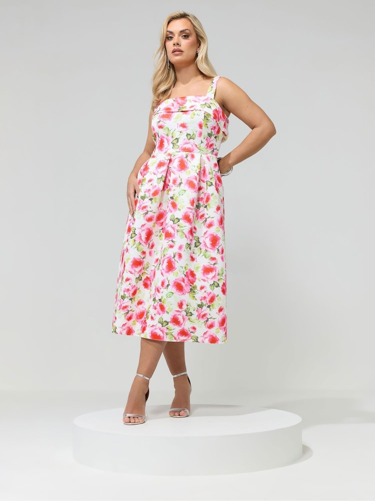 Yours Curve White London Floral Square Neck Dress - Image 1 of 5