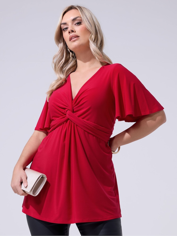 Roșu - Yours Curve London Angel Sleeve Knot Front Top - Imaginea 1 din 5