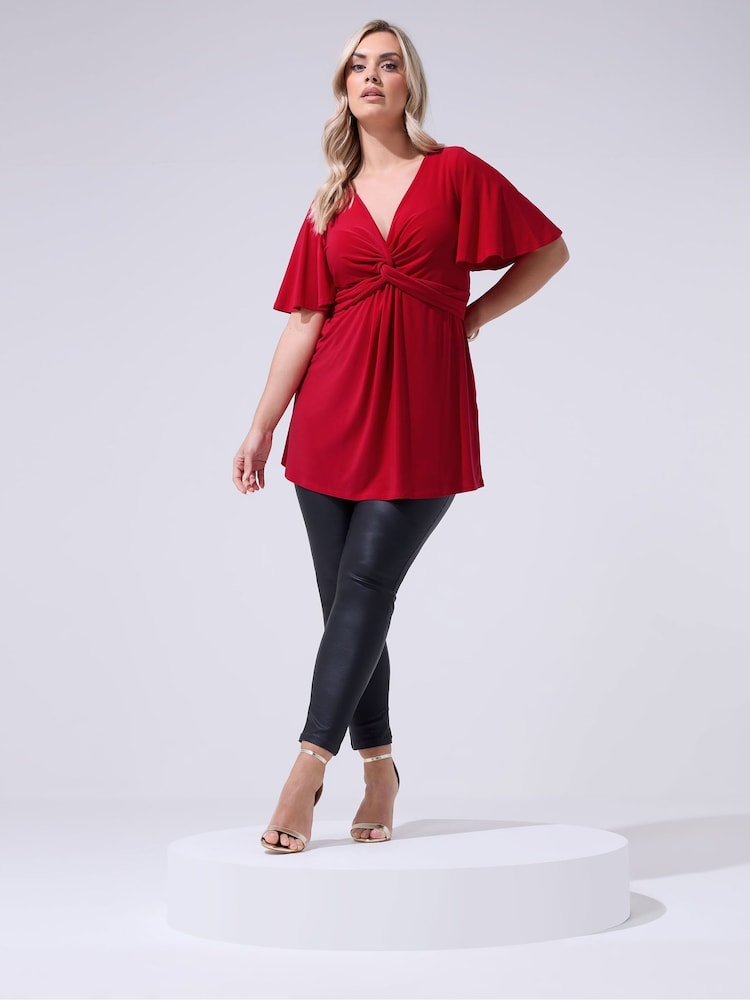 Roșu - Yours Curve London Angel Sleeve Knot Front Top - Imaginea 2 din 5