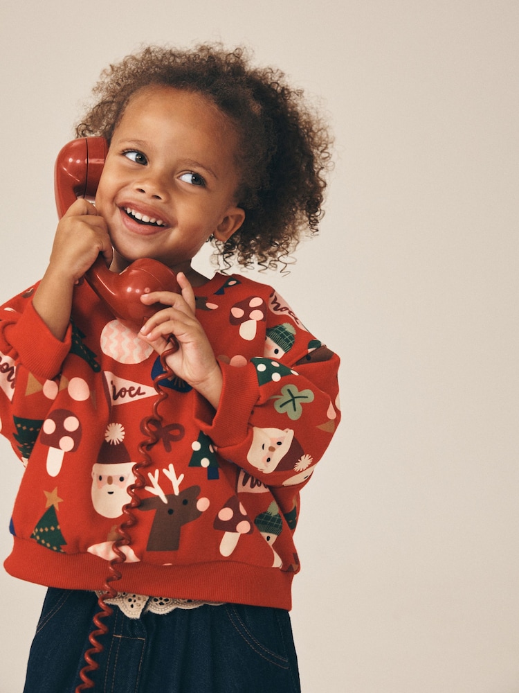 Red Christmas Santa Print Crew Neck Sweatshirt (3mths-7yrs) - Image 1 of 8 Red Christmas Santa Print Crew Neck Sweatshirt (3mths-7yrs) - Image 1 of 8