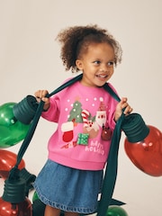 Bright Pink Christmas Crew Neck Sweatshirt (3mths-7yrs) - Image 1 of 7