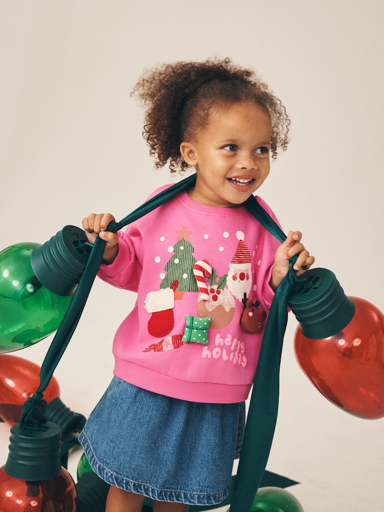 Bright Pink Christmas Crew Neck Sweatshirt (3mths-7yrs) - Image 1 of 7 Bright Pink Christmas Crew Neck Sweatshirt (3mths-7yrs) - Image 1 of 7