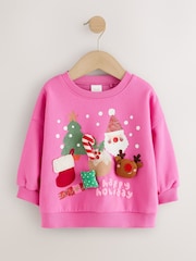 Bright Pink Christmas Crew Neck Sweatshirt (3mths-7yrs) - Image 4 of 7