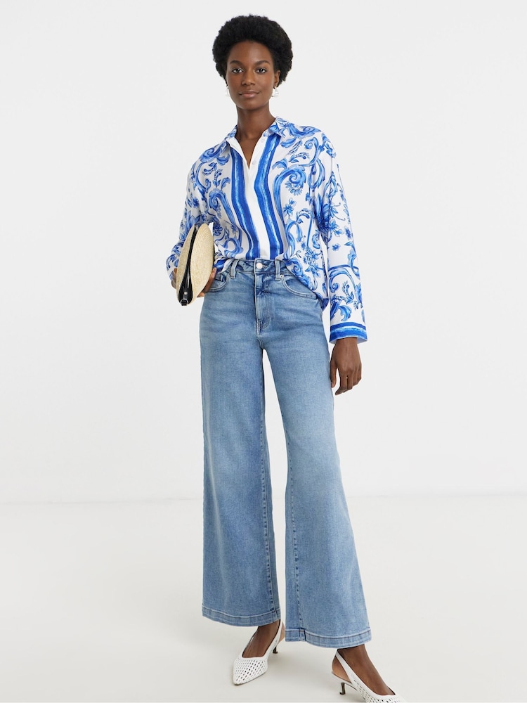 JD Williams Blue Placement Print Shirt - Image 1 of 4 JD Williams Blue Placement Print Shirt - Image 1 of 4