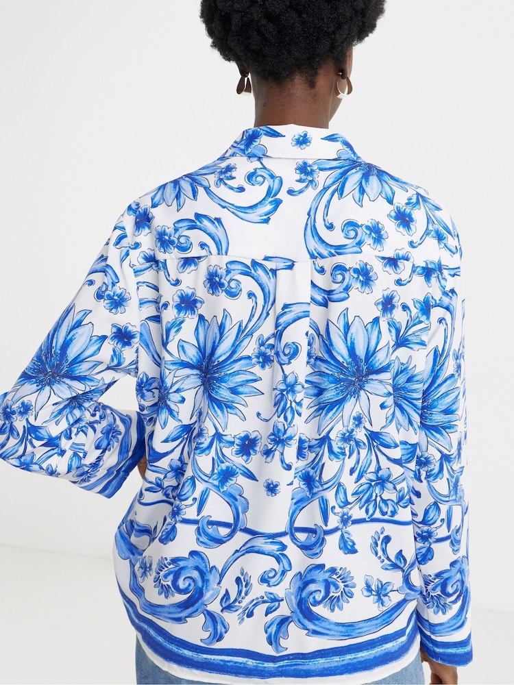 JD Williams Blue Placement Print Shirt - Image 2 of 4 JD Williams Blue Placement Print Shirt - Image 2 of 4