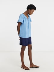 JD Williams Blue Ladder Insert Tie Neck Angel Sleeve Top - Image 1 of 4