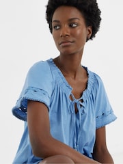 JD Williams Blue Ladder Insert Tie Neck Angel Sleeve Top - Image 4 of 4