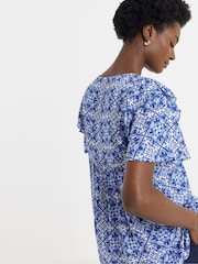 JD Williams Blue Textured Crinkle Frill Detail Angel Sleeve Top - Image 2 of 4