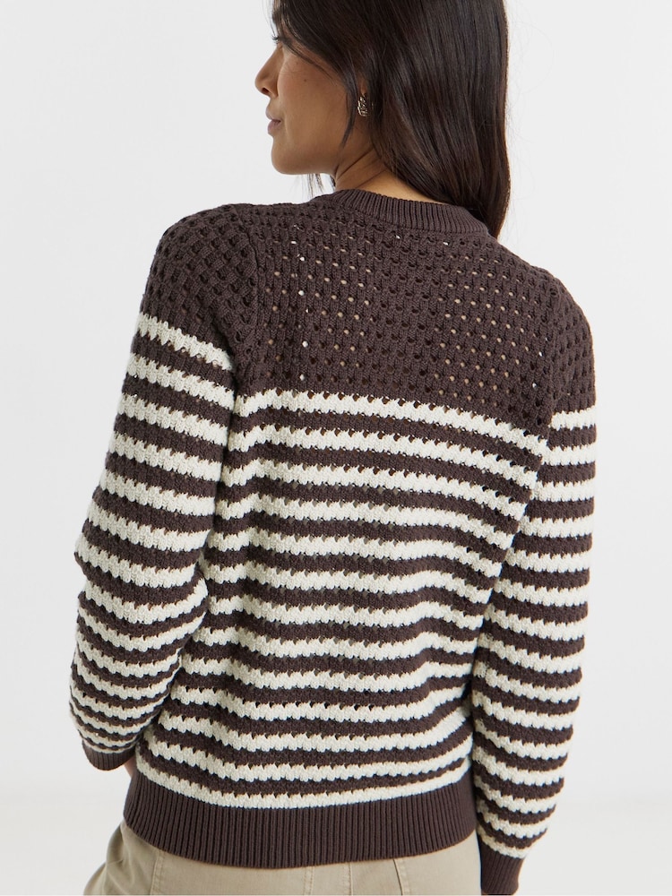 JD Williams White Pure Cotton Striped Open Stitch Cardigan - Image 2 of 4