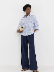 JD Williams Blue Stripe Appliqué Floral Waist Seam Shirt - Image 1 of 4