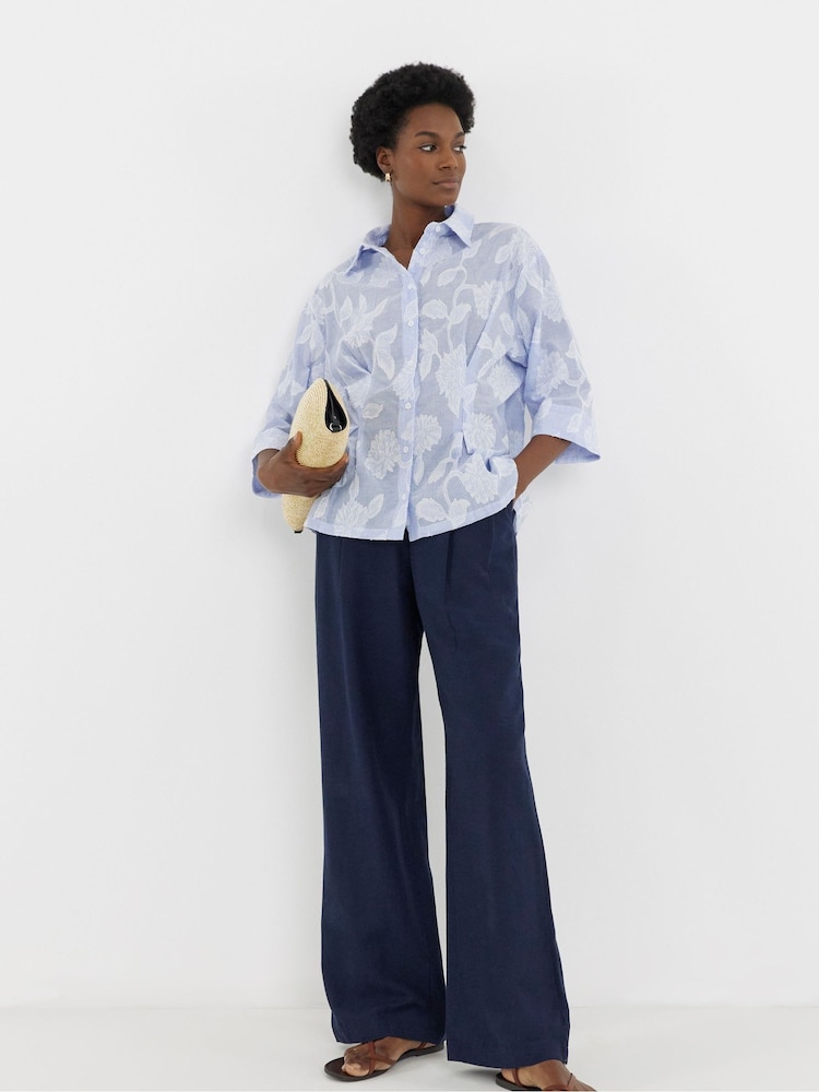 JD Williams Blue Stripe Appliqué Floral Waist Seam Shirt - Image 1 of 4