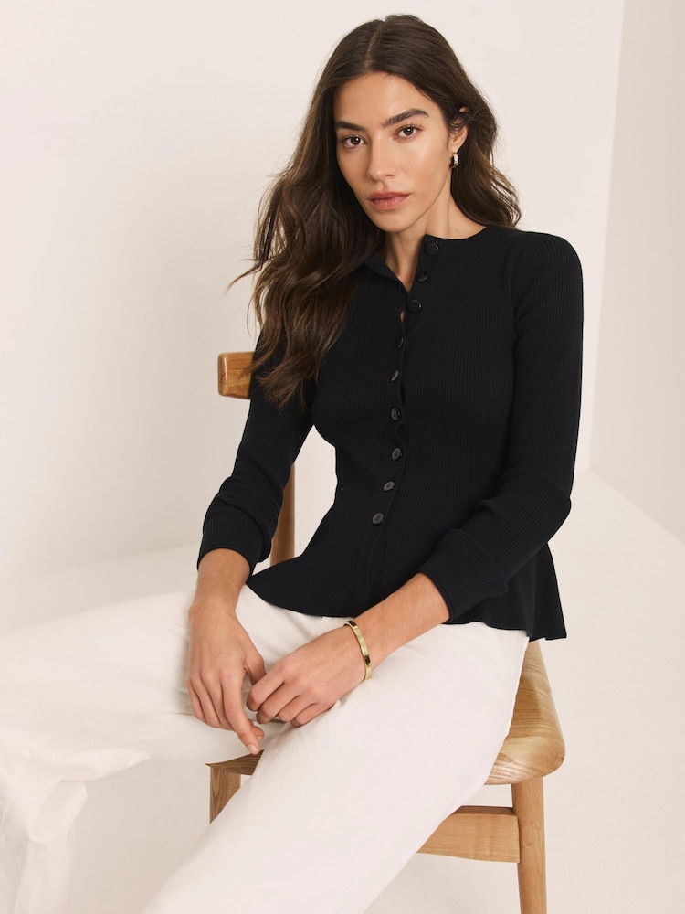 Mint Velvet Black Peplum Knit Cardigan - Image 2 of 7