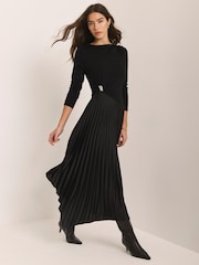 Mint Velvet Black Pleated Asymmetric Midi Dress - Image 1 of 7