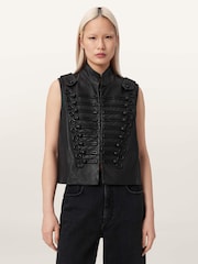 AllSaints Black Rummy Leather Gilet - Image 1 of 6