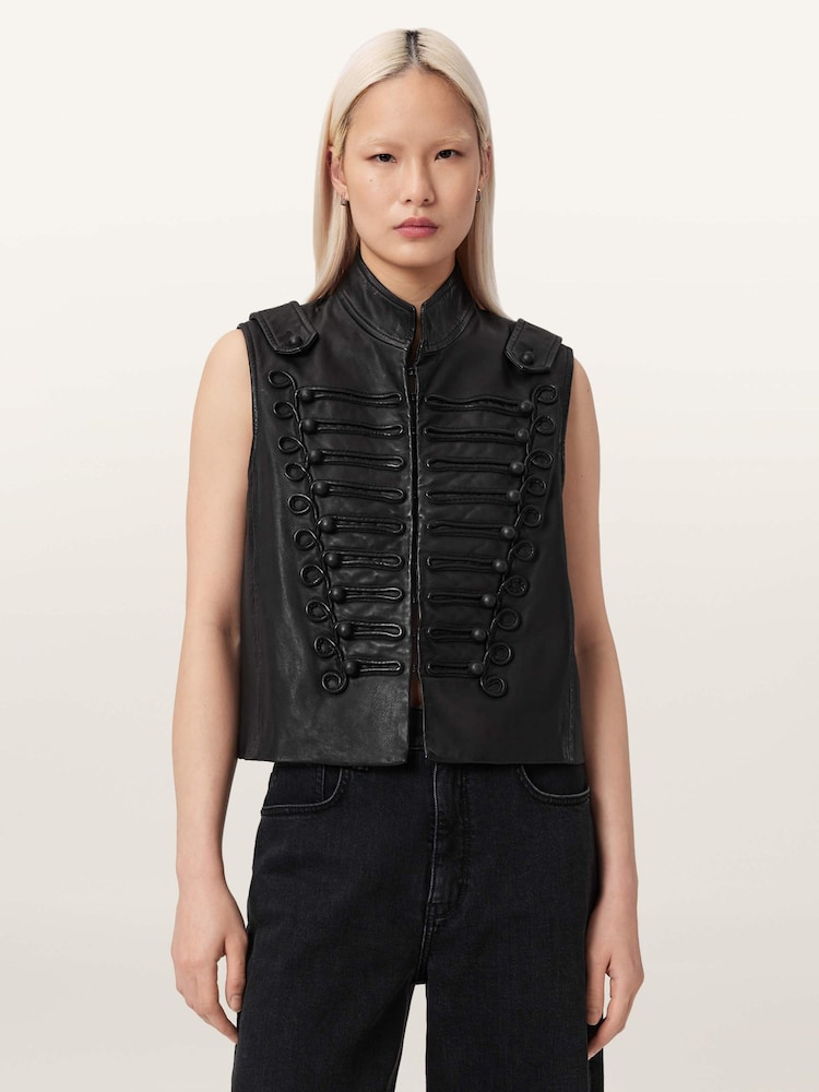 AllSaints Black Rummy Leather Gilet - Image 1 of 6
