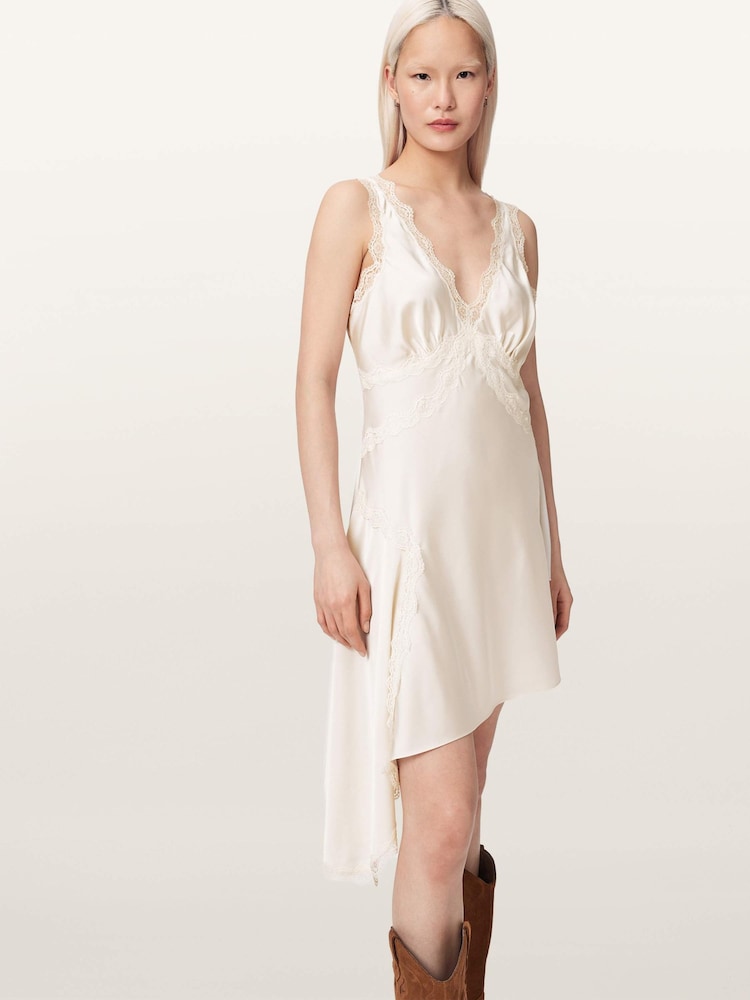 AllSaints Women's Ilka Asymmetric Lace Mini Dress , White , Size 4