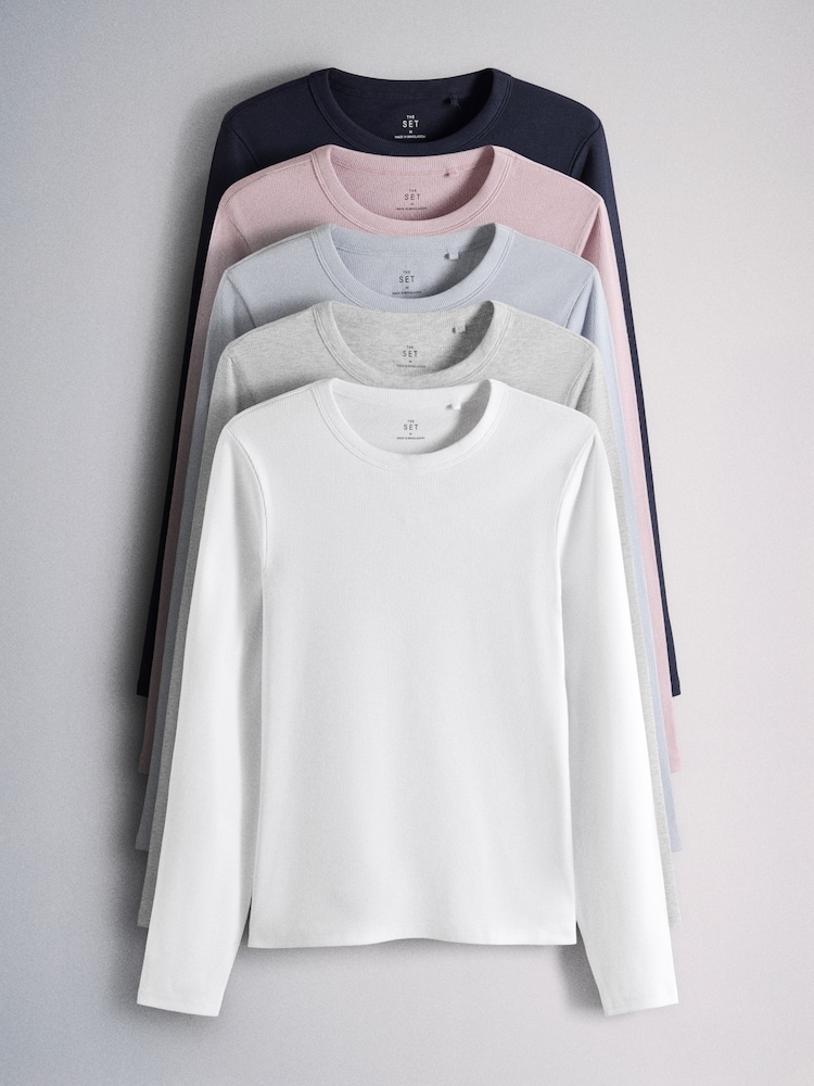 Pink/Burgundy Stripe/Navy Blue/Grey Marl/White - The Set 5 প্যাক রিবড লম্বা হাতা T-Shirts - 8এর মধ্যে 1 ছবি