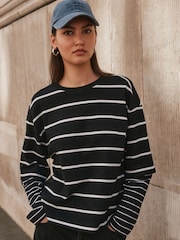 Black/White Stripe Relaxed Fit Layered Long Sleeve T-Shirt - Image 1 of 5