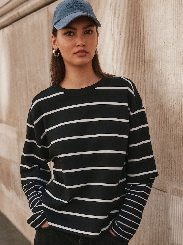 Black/White Stripe Relaxed Fit Layered Long Sleeve T-Shirt - Image 1 of 5