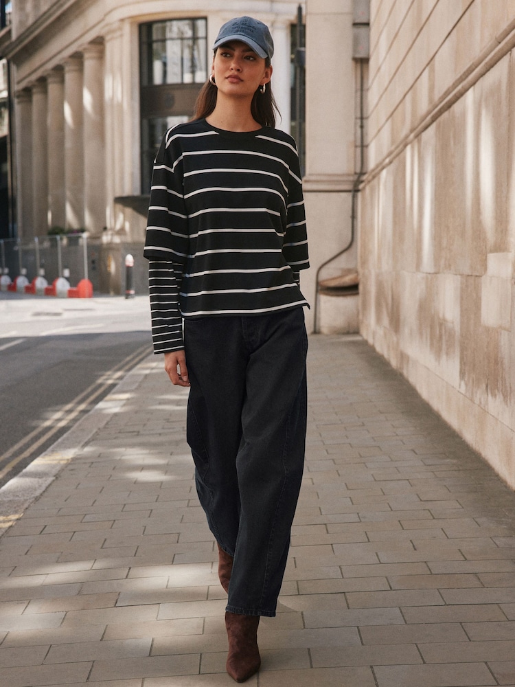 Black/White Stripe Relaxed Fit Layered Long Sleeve T-Shirt - Image 2 of 5