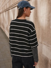 Black/White Stripe Relaxed Fit Layered Long Sleeve T-Shirt - Image 3 of 5