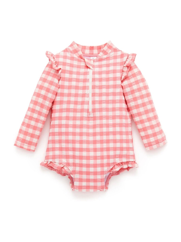 Purebaby Pink Printed Frilly Long Sleeve Swimsuit - Image 1 of 4