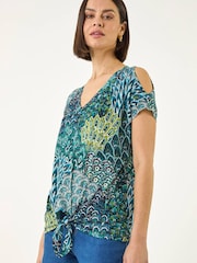 Roman Green Abstract Print Tie Front V-Neck Top - Image 1 of 5