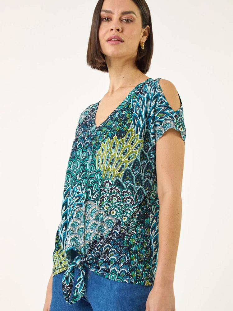 Roman Green Abstract Print Tie Front V-Neck Top - Image 1 of 5 Roman Green Abstract Print Tie Front V-Neck Top - Image 1 of 5