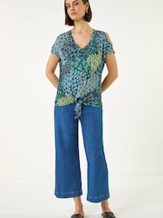 Roman Green Abstract Print Tie Front V-Neck Top - Image 2 of 5