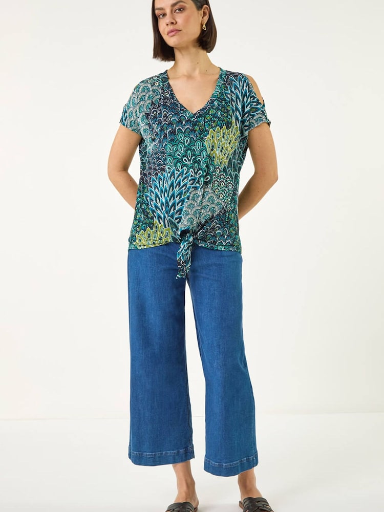 Roman Green Abstract Print Tie Front V-Neck Top - Image 2 of 5 Roman Green Abstract Print Tie Front V-Neck Top - Image 2 of 5