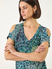 Roman Green Abstract Print Tie Front V-Neck Top - Image 4 of 5