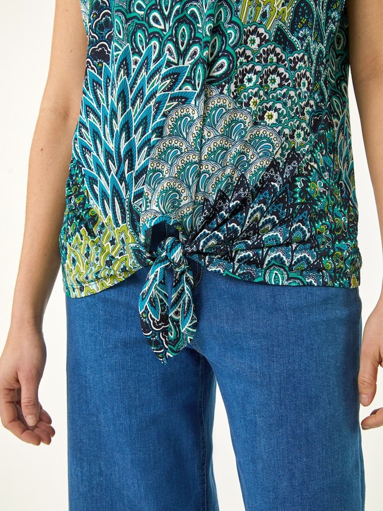 Roman Green Abstract Print Tie Front V-Neck Top - Image 6 of 6 Roman Green Abstract Print Tie Front V-Neck Top - Image 6 of 6