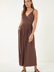 Roman Brown Bead Detail Wrap Front Midi Dress - Image 1 of 5