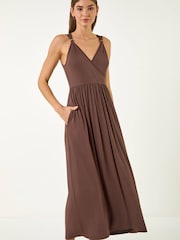 Roman Brown Bead Detail Wrap Front Midi Dress - Image 2 of 5
