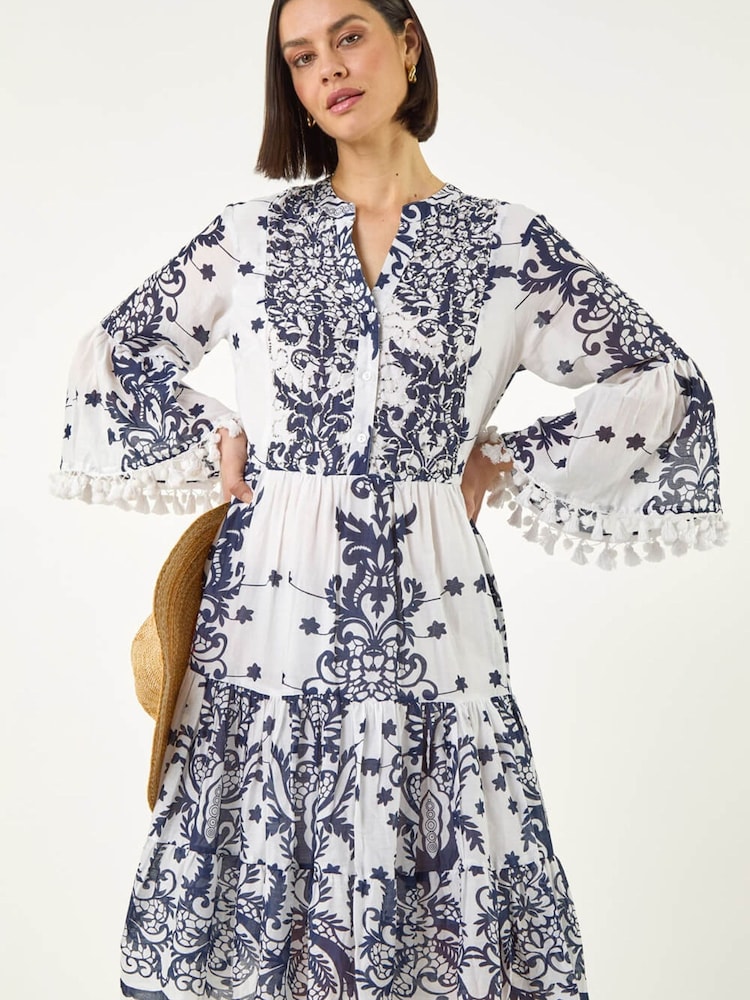 Roman Blue Beaded Tassel Trim Smock Dress - Image 1 of 5