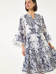 Roman Blue Beaded Tassel Trim Smock Dress - Image 4 of 5