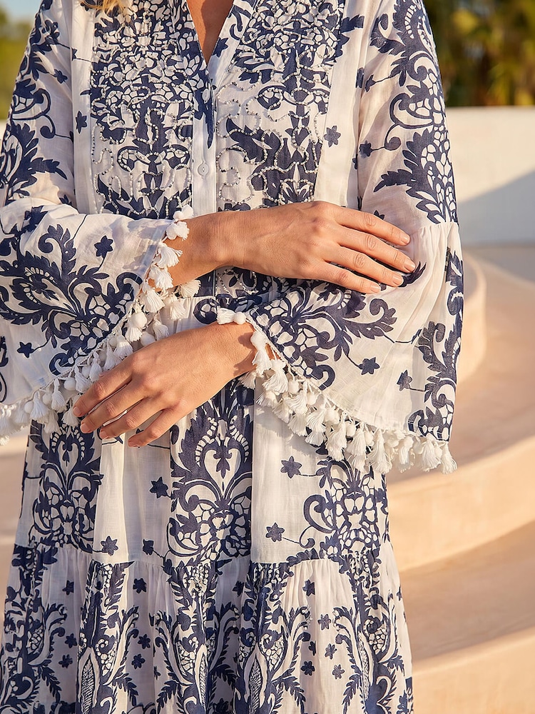 Roman Blue Beaded Tassel Trim Smock Dress - Image 5 of 5 Roman Blue Beaded Tassel Trim Smock Dress - Image 5 of 5