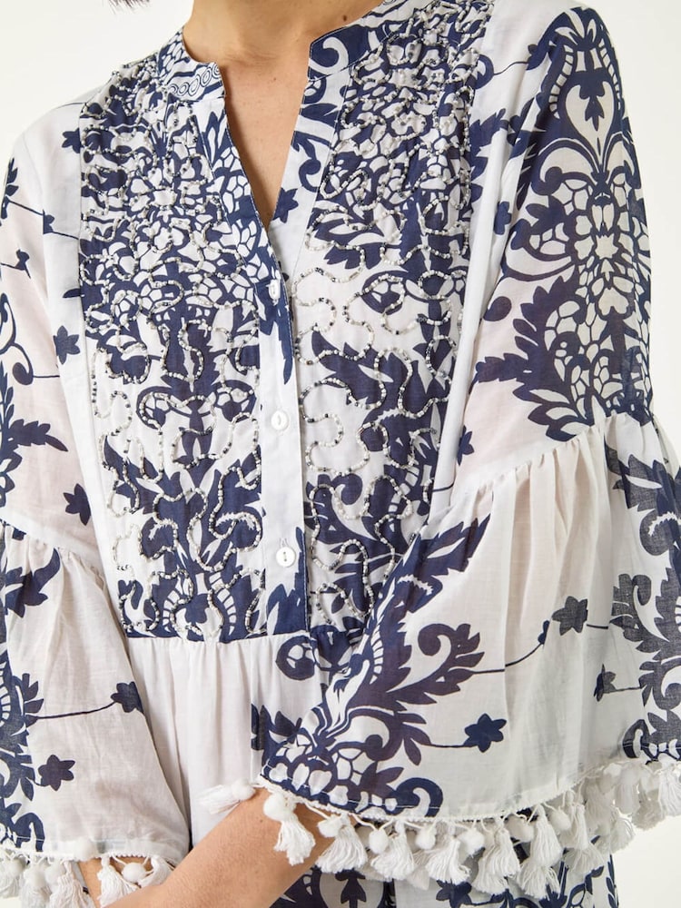 Roman Blue Beaded Tassel Trim Smock Dress - Image 5 of 5