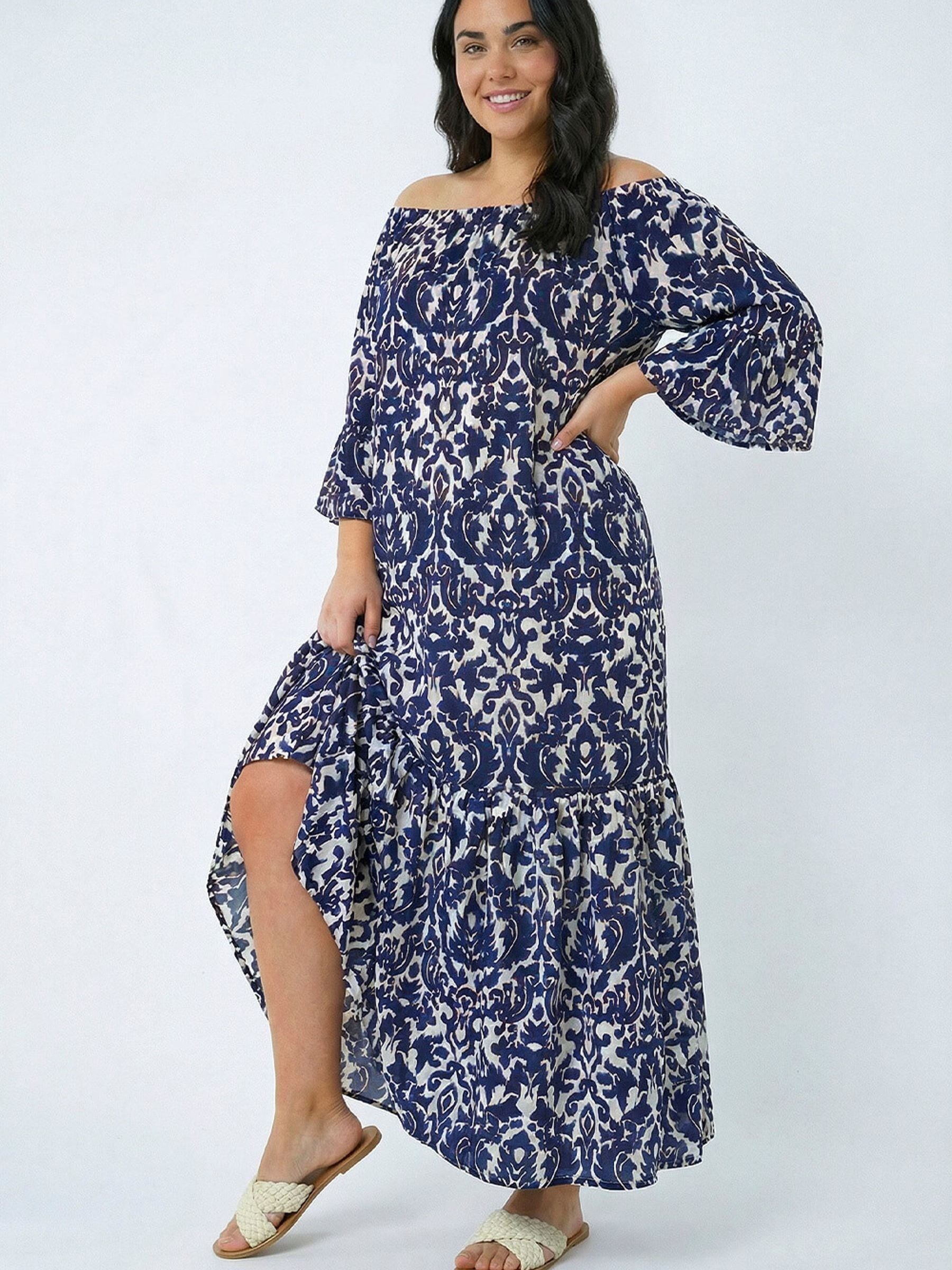 Roman Women's Blue Curve Printed Bardot Maxi Dress