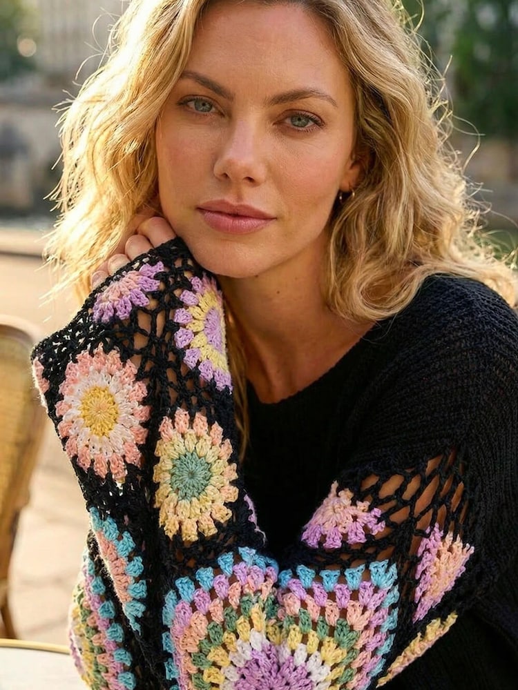 Roman Black Crochet Sleeve Knit Jumper - Image 2 of 4