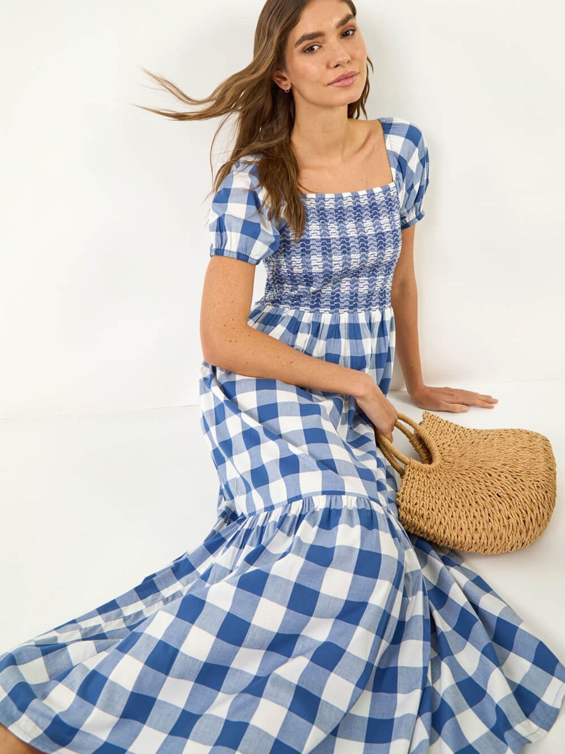 Roman Women's Check Print Shirred Midi Dress in Blue | Size: 18 - Image 1