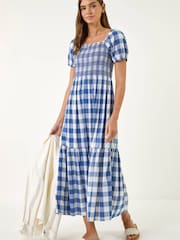 Roman Blue Shirred Check Dress - Image 2 of 5