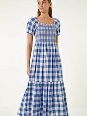 Roman Blue Shirred Check Dress - Image 4 of 5