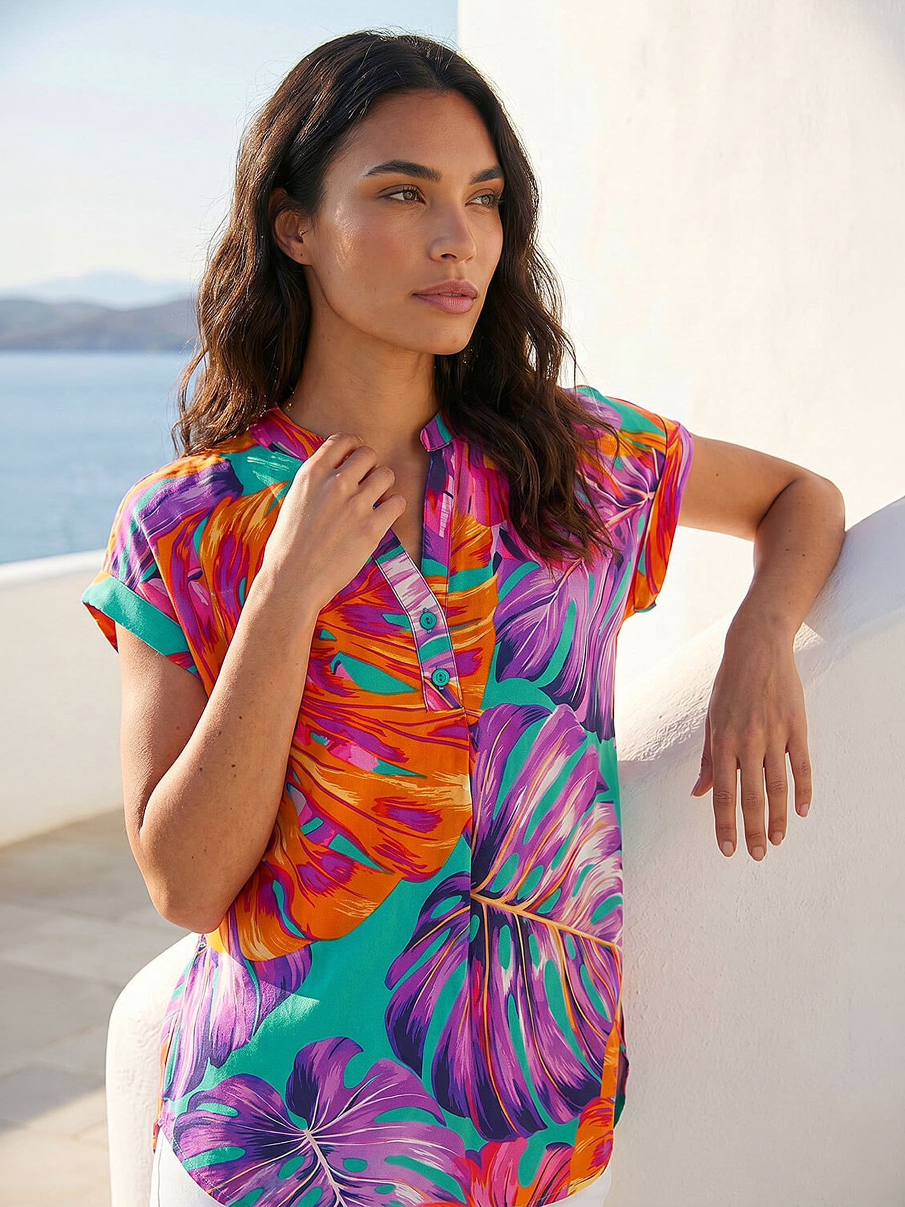 Roman Women's Blue Leaf Print Ity Shirt
