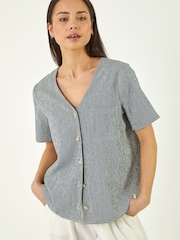 Roman Blue Petite Gingham Buttoned Top - Image 1 of 4