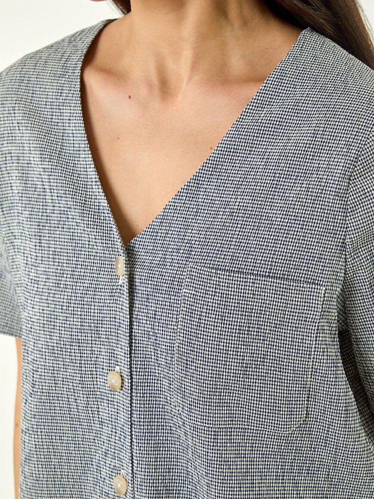 Roman Blue Petite Gingham Buttoned Top - Image 4 of 4 Roman Blue Petite Gingham Buttoned Top - Image 4 of 4