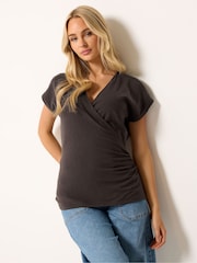 M&Co Brown Short Sleeve Grown On Sleeve Wrap Top - Image 1 of 5