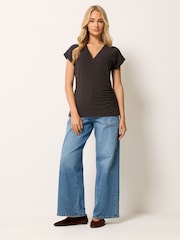 M&Co Brown Short Sleeve Grown On Sleeve Wrap Top - Image 2 of 5